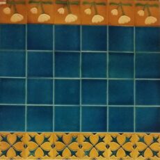 Egyptian Blue Square With Mustard Yellow Beige Green Motif Blue Pottery Glazed Ceramic Handmade Tile