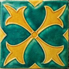 Egyptian Green Mustard Yellow Square Relief Motif Blue Pottery Glazed Ceramic Handmade Tile