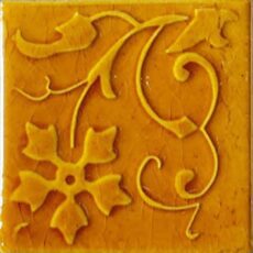 Mustard Yellow Leaf Motif Blue Pottery Glazed Ceramic Handmade Tile