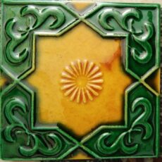 Mustard Yellow Medium Green Square Relief Motif Blue Pottery Glazed Ceramic Handmade Tile