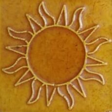 Mustard Yellow Square Sun Relief Motif Blue Pottery Glazed Ceramic Handmade Tile