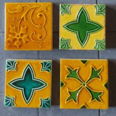 Random Mix Mustard Yellow With Green Relief Motif Blue Pottery Glazed Ceramic Handmade Tile