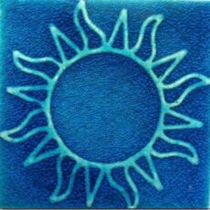 Turquoise Blue Square Sun Relief Motif Blue Pottery Glazed Ceramic Handmade Tile