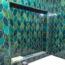 Leaf Green Blue Mix Elongated Hexagon Leaf Pattern Blue Pottery Glazed Ceramic Handmade Tile