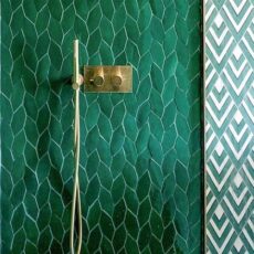Medium Green Elongated Hexagon Leaf Pattern Blue Pottery Glazed Ceramic Handmade Bathroom Wall Tile